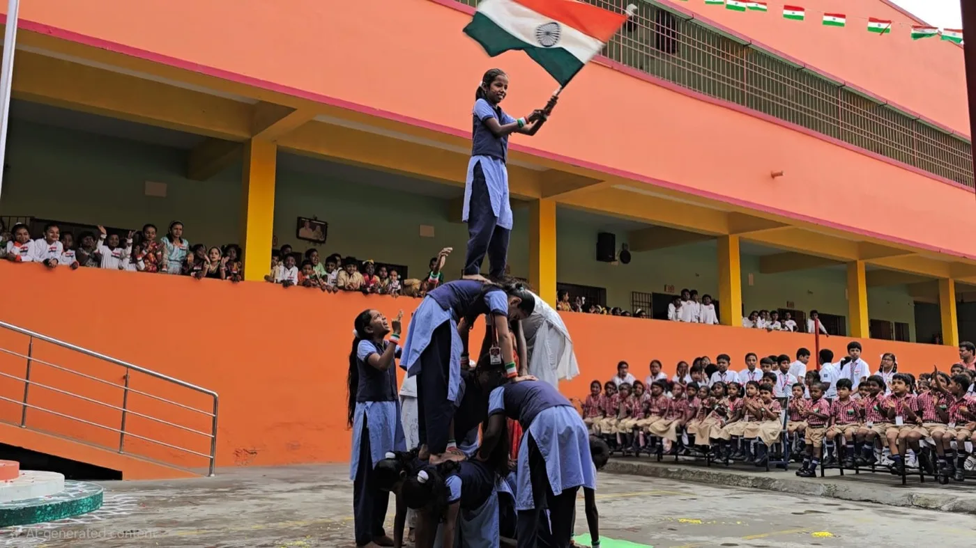 Greenvalley students performing a teamwork pyramid activity